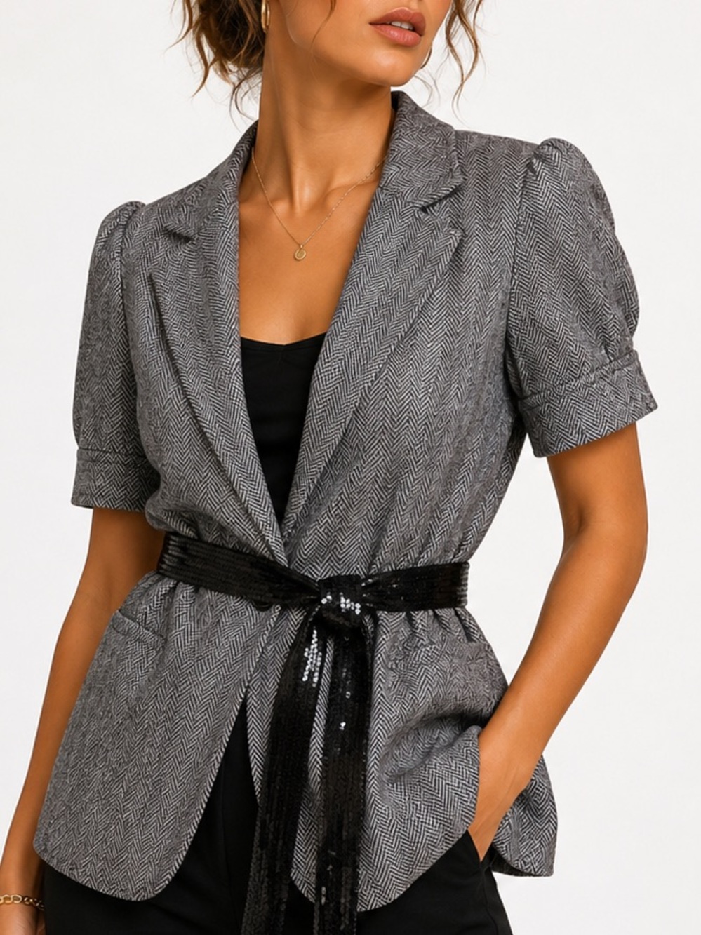 Ann Taylor Grey Puff Sleeve Belted Blazer Jacket Size 6 Good Condition